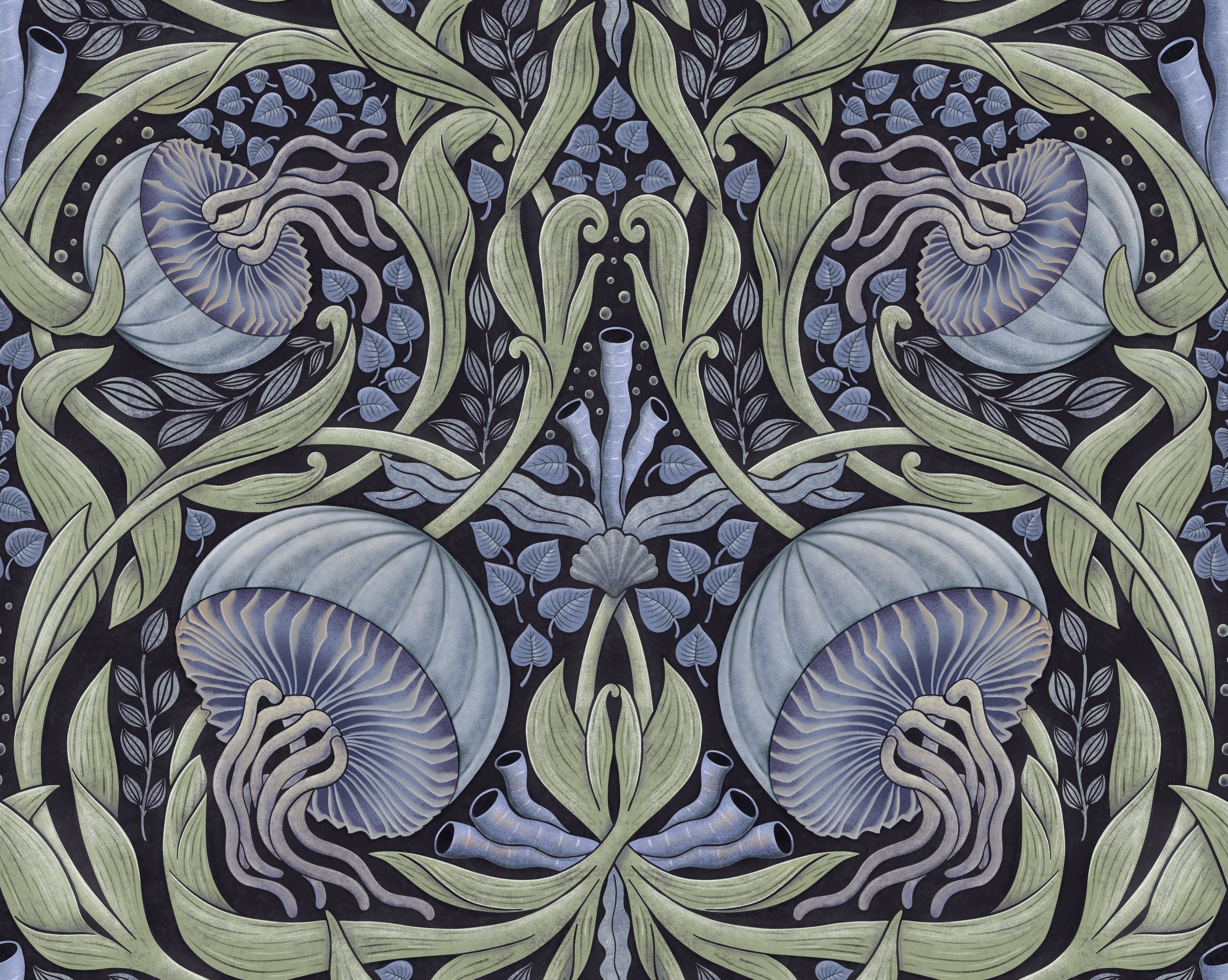 Decorative fabric pattern with blue and green elements and leaves on a dark background